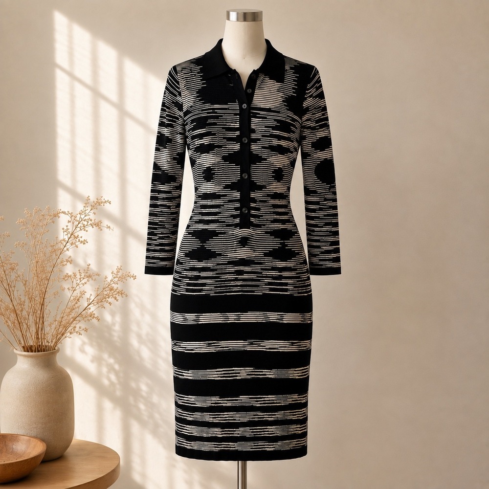 Missoni Black White Abstract Stripe Sheer Dress Knit Polo Midi Mod Designer Sz 6